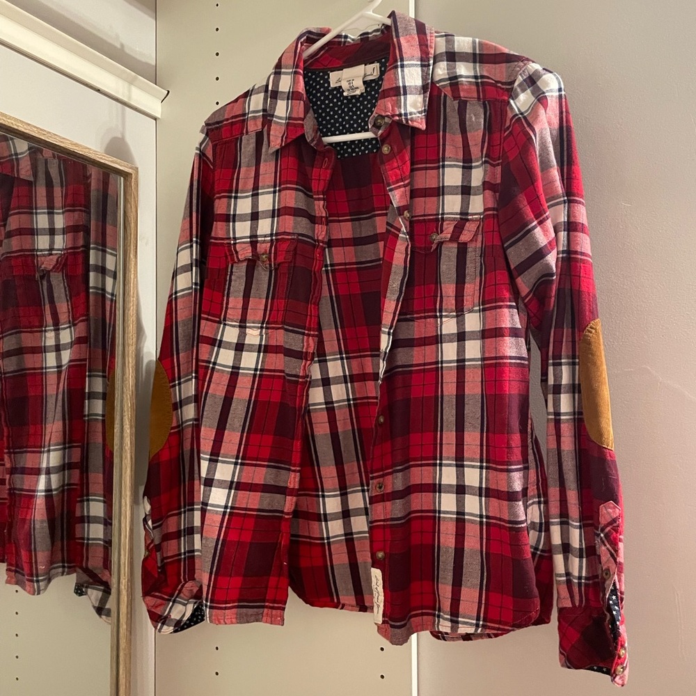 H&M Button Up Red Flannel with Elbow Patches